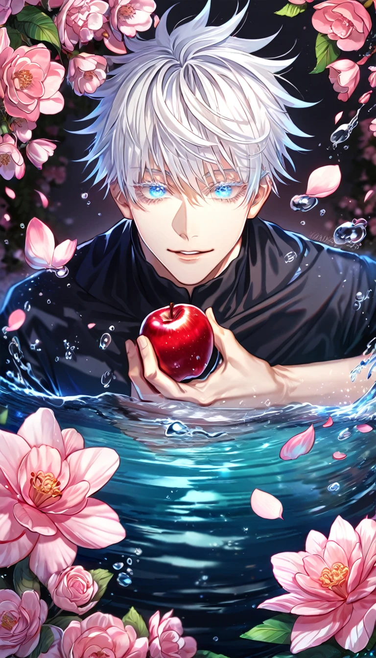 absurdres, highres, ultra detailed, HDR, master piece, Gojou Satoru, white hair with bangs, white eyelashes, expressive blue eyes, black clothes, Jujutsu Kaisen, sexy man, handsome, best quality, blossoms, pink petals, pink flowers, fantasy, blue shining fireflies, solo, water, handsome smile, sensual, apple