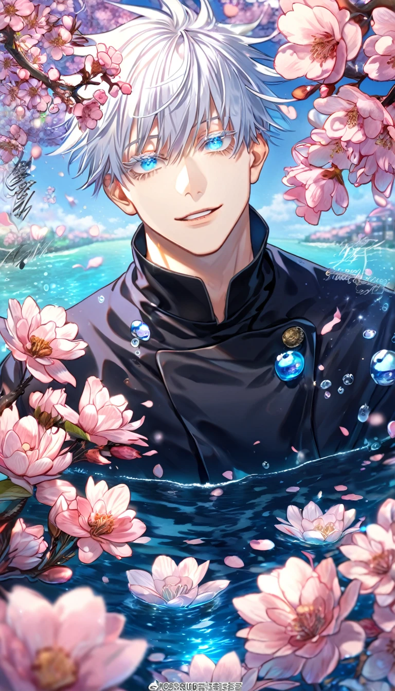 absurdres, highres, ultra detailed, HDR, master piece, Gojou Satoru, white hair with bangs, white eyelashes, expressive blue eyes, black clothes, Jujutsu Kaisen, ???? man, handsome, best quality, blossoms, pink petals, pink flowers, fantasy, blue shining fireflies, solo, water, handsome smile, sensual, apple