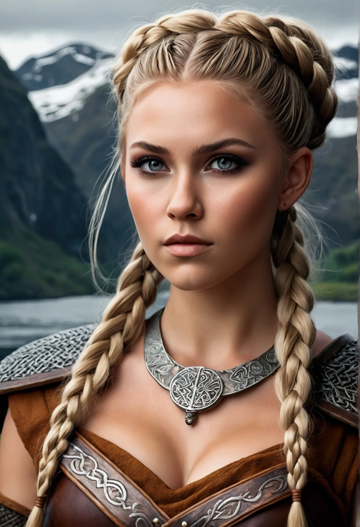 Create an image of a stunningly gorgeous beautiful realistic viking girl, stunningly gorgeous beautiful perfect sexy face, stunning makeup, hair in bun, large breast, slim waist, sexy hips, traditional viking hair, traditional viking outfit,