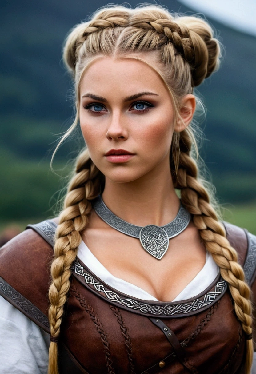 Create an image of a stunningly gorgeous beautiful realistic viking girl, stunningly gorgeous beautiful perfect sexy face, stunning makeup, hair in bun, large breast, slim waist, sexy hips, traditional viking hair, traditional viking outfit,