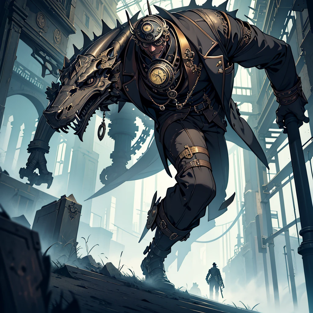 Design a dark and surreal steampunk scene featuring a lone man in a deserted street. The man should be dressed in a vintage, dark suit, a top hat, and holding a cane. Ensure the setting is atmospheric with a dark color palette, enhanced with steampunk elements. The key elements to include are:

Floating Saxophones: Include several saxophones floating in mid-air around the man. They should have a shiny, metallic texture with steampunk details such as gears and pipes integrated into their design. The saxophones should be of various sizes and positioned at different angles.

Floating Clocks: Add antique clocks floating in the air, with visible, ornate mechanisms. They should have brass and copper elements, with intricate gears and hands. Position them at various angles and distances from the man, ensuring they seem to hover effortlessly.

Atmospheric Background: Fill the scene with dense fog or mist to create a mysterious, abandoned feel. The fog should partially obscure the floating elements, adding to the surreal quality.

Steampunk Details: Subtly incorporate mechanical gears, cogs, and brass pipes in the background or around the man to enhance the steampunk theme.

The overall mood should be dark and enigmatic, with a touch of psychedelia to evoke a dreamlike atmosphere