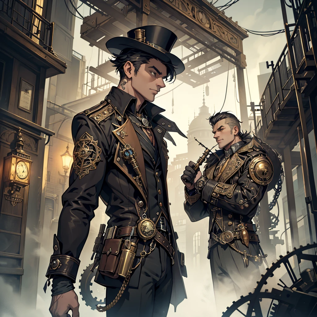 Design a dark and surreal steampunk scene featuring a lone man in a deserted street. The man should be dressed in a vintage, dark suit, a top hat, and holding a cane. Ensure the setting is atmospheric with a dark color palette, enhanced with steampunk elements. The key elements to include are:
Floating Saxophones: Include several saxophones floating in mid-air around the man. They should have a shiny, metallic texture with steampunk details such as gears and pipes integrated into their design. The saxophones should be of various sizes and positioned at different angles.
Floating Clocks: Add antique clocks floating in the air, with visible, ornate mechanisms. They should have brass and copper elements, with intricate gears and hands. Position them at various angles and distances from the man, ensuring they seem to hover effortlessly.
Atmospheric Background: Fill the scene with dense fog or mist to create a mysterious, abandoned feel. The fog should partially obscure the floating elements, adding to the surreal quality.
Steampunk Details: Subtly incorporate mechanical gears, cogs, and brass pipes in the background or around the man to enhance the steampunk theme.
The overall mood should be dark and enigmatic, with a touch of psychedelia to evoke a dreamlike atmosphere