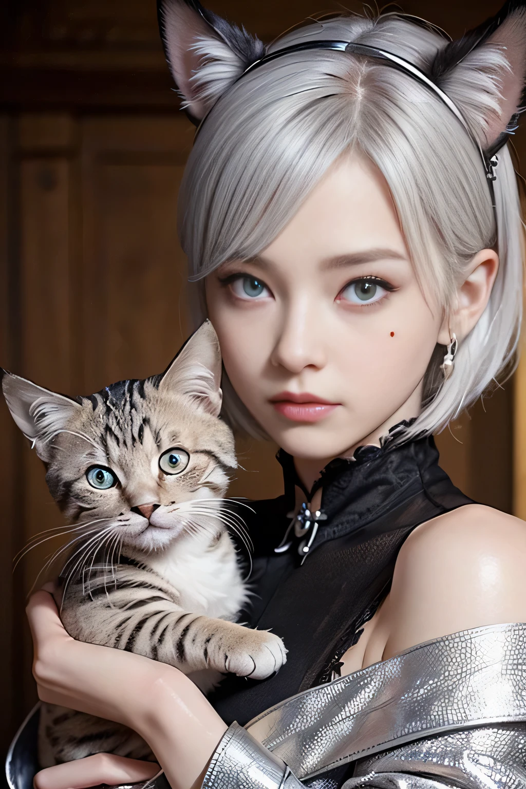 Highest quality、masterpiece、Delicate and beautiful face、Eye and facial details、Beautiful woman、Cosplay、Medieval European Background、Textured skin、Super Detail、Attention to detail、Silver Hair、black eye、Animal ears、Cat Beastman、Kiva、Short Hair、Tattoo、Angry face