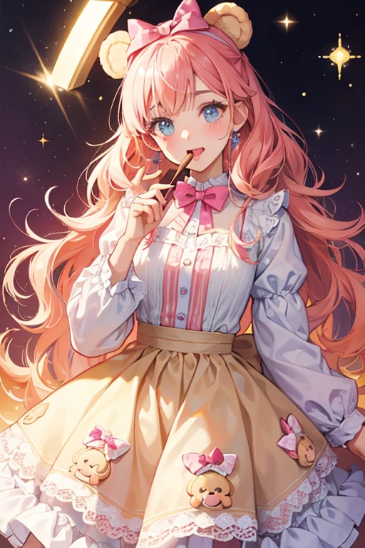 A vanilla wafer GIRL bear with one eye opened and her mouth opened widely. She has chocolate sprinkles on her head and wears a bubblegum-colored bow on each side of her head. SPARKLE; GLITTER