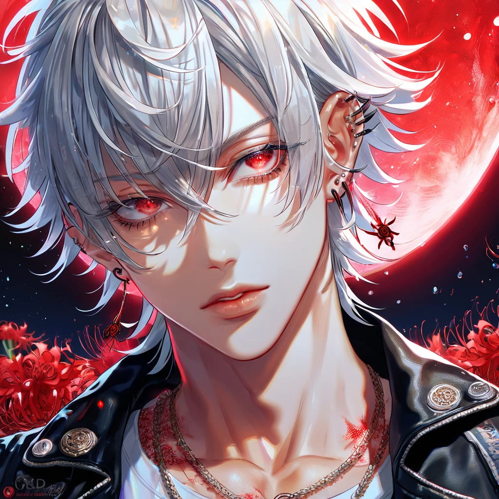 absurdres, highres, ultra detailed, HDR, master piece, best quality, extremely detailed, Aohitsugi Samatoki, chin length white hair, expressive red eyes, long eyelashes, Hypnosis Mic, black leather jacket, white T-shirt, solo, sexy man, handsome, sensual, ear piercings, fantasy, red blood water, sparkling, red glittering fireflies, red moon, red blossoms, red spider lilies, red sparkling lights, starry sky, magical