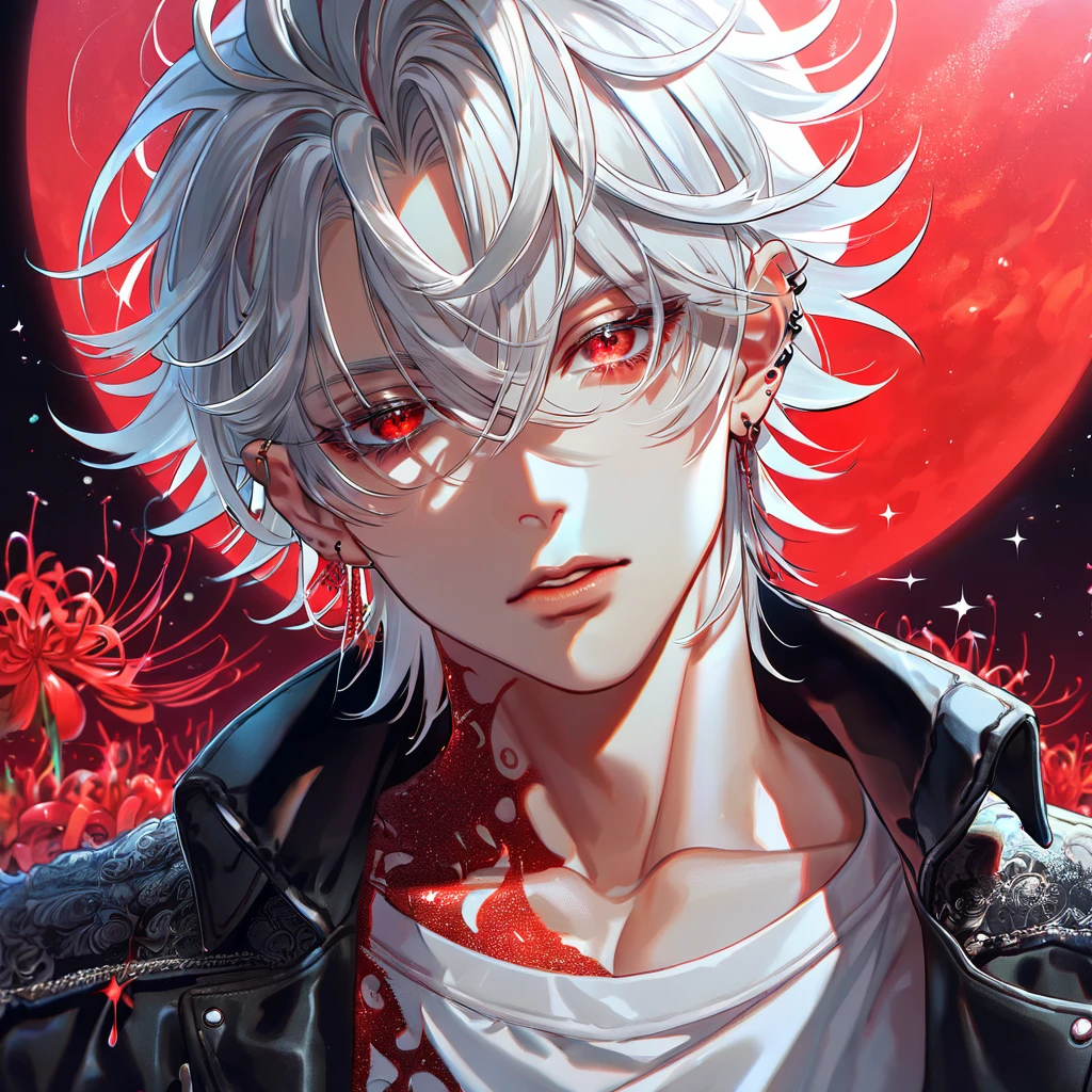 absurdres, highres, ultra detailed, HDR, master piece, best quality, extremely detailed, Aohitsugi Samatoki, chin length white hair, expressive red eyes, long eyelashes, Hypnosis Mic, black leather jacket, white T-shirt, solo, sexy man, handsome, sensual, ear piercings, fantasy, red blood water, sparkling, red glittering fireflies, red moon, red blossoms, red spider lilies, red sparkling lights, starry sky, magical