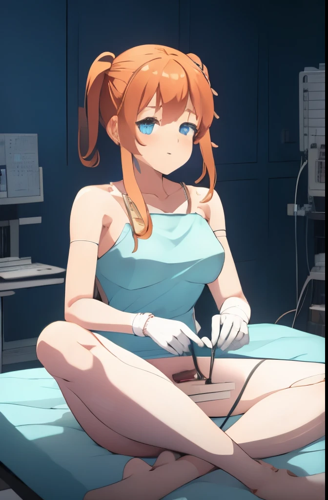 A Female mature robot loves herself. she wears nothing. Her Brown very short pigtails is tied with two big red clothespins, mature, android, Blue eyes, full body, Height: 160cm, flushed cheeks, sweat bucket. full body shot, looking straight. Her smile is complete.show White pantie, Looking at the audience, kissing to the audience. Leaning back Destroyed White of the eyes whole body Lying face up on a gynecological operating table she looks back with his eyes closed and his mouth wide open 2020s anime drawings A beautiful robot wearing green surgical gown(Half-naked)