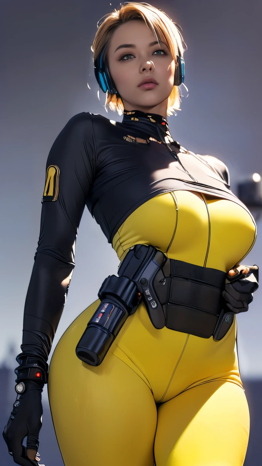 (A woman),(((A female member of the Future Force stands))),((Yellow tactical high leg bodysuit:1.5)),((earphone:1.5)),((Tactical Holster:1.5)),(Gloves:1.5),(Serious:1.5),(Super short hair:1.5),(beautiful eyes:1.3),(Very detailedな顔:1.5),((Very detailed drawing of a female hand:1.5)),(((muscular:1.5))),((Sexy appearance:1.5)),((Thick thighs:1.5)),(Beautiful Body:1.5),((Very sensual:1.5)),(The backdrop is a futuristic city:1.5),(Cyberpunk atmosphere:1.5),(((Blurred Background:1.5))),(Written border depth:1.5),rest(((masterpiece:1.5),(best quality:1.5),(Very detailed:1.5),(high resolution:1.5),(Practical:1.5),(Practical:1.5),(Delicate depiction),(Carefully drawn))),8k,wallpaper, (((camel toe1.5))),from below:1.2