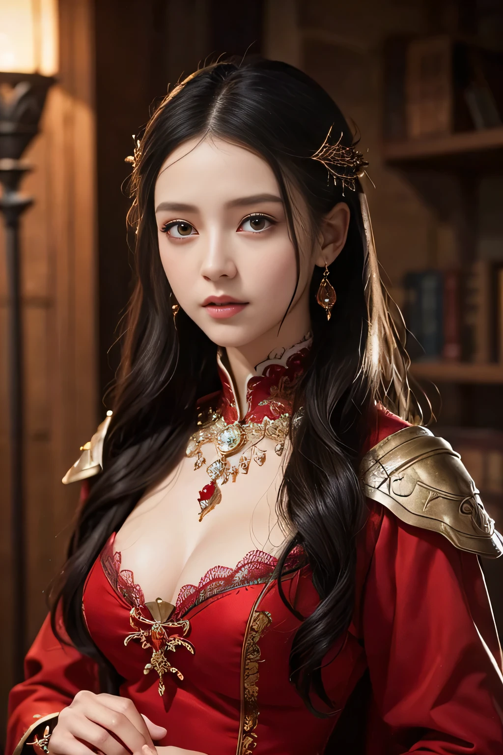 Highest quality、masterpiece、Delicate and beautiful face、Eye and facial details、witch、Beautiful woman、Black Hair、Red clothes、Cosplay、Medieval European Background、Textured skin、Super Detail、Attention to detail、witch hat