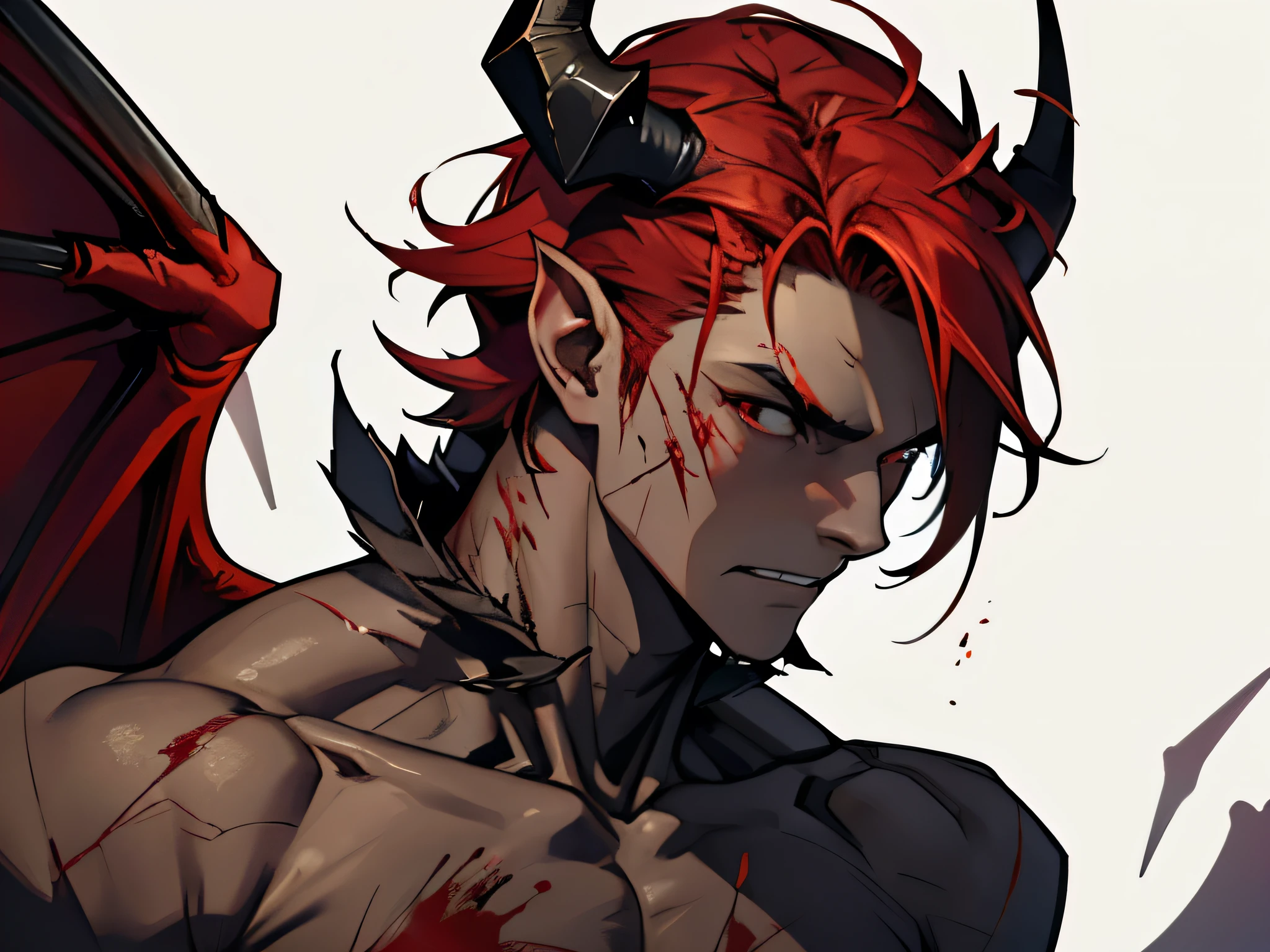 a man-like creature with blood-red eyes, large wings similar to those of dragons, dark red in color like dried blood, a tail of bones as hard as rock, dark reddish in color ,2 small horns on top of the head and 3 thorns on each shoulder that emanate a hot color like hellfire, sharped teeth, slenderbody, blood stained all over the body covered in scars and open wounds.