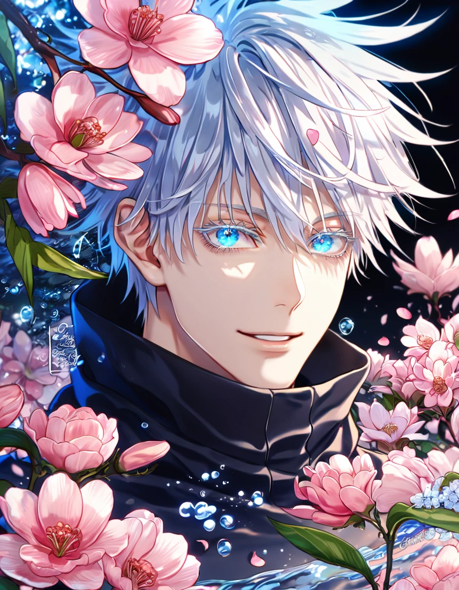 absurdres, highres, ultra detailed, HDR, master piece, Gojou Satoru, white hair with bangs, white eyelashes, expressive blue eyes, black clothes, Jujutsu Kaisen, sexy man, handsome, best quality, blossoms, pink petals, pink flowers, fantasy, blue shining fireflies, solo, water, handsome smile, sensual