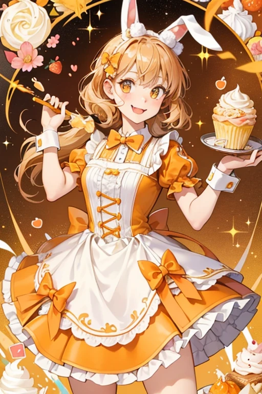 Orange Cream is a light brown wafer GIRL bunny with a scrunched winking eye and her tongue sticking out. She has orange icing and pale yellow sprinkles, and she wears a raspberry bow. SPARKLE; GLITTER