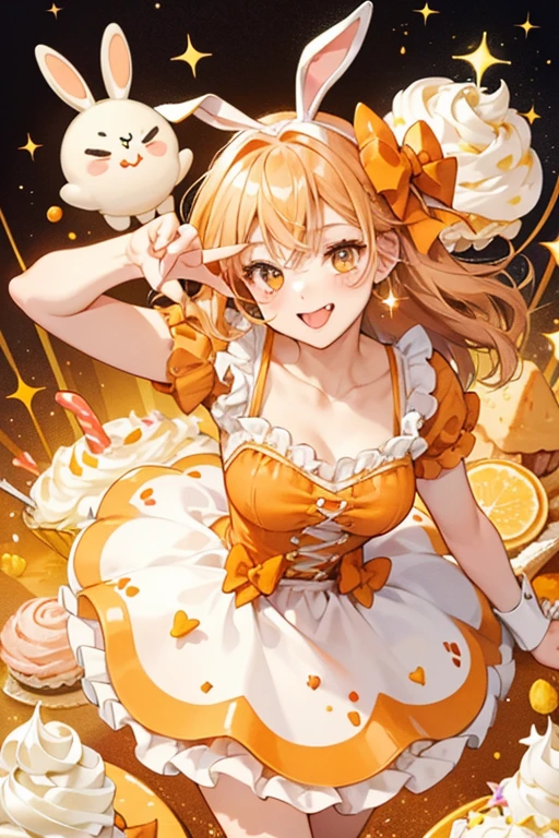 A split-colored monkey flan. Her top half is vanilla and her bottom half pale brown. . Chocolate syrup drips down her head and she wears a melting, cream-colored frosting bow. SPARKLE; GLITTER