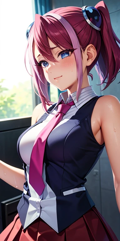 1 Female,High definition,high resolution,Ultra-realistic,8K, hy1, hair ornament, multicolored hair, necktie, skirt, sleeveless, , pink skirt, tight skirt,miniskirt, jewelry,European,sexy,Upper body close-up,Photographed from the front,Dynamic Angles,blush, medium , happy, wink the eye,facial, sweat,multicolored hair 