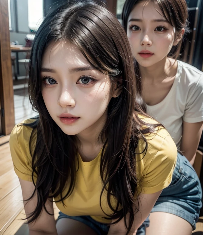 Woman, make up face, beautiful face, yellow shirt and Blue short pant, realistic, high detailed, ultra realistic, long hair white