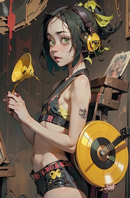 ((18-year-old punk girl)),((Green and yellow British punk fashion:1.5)),(light black hair:1.5、Messy permed hair)Studded clothing、((Holding a record:1.5))、((He has a big speaker on his back))、（Narrow and small eyes）,Wacky makeup、Breast augmentation, (masterpiece), (High resolution), (Very delicate), nightmare, Doll-like face, Manga style, Horror elements, Comic style illustration, Japanese painting, phantom, (Spooky), Japan sculpture, crazy illustration, antique, Dark atmosphere, Flat Illustration,Spookyな外観, Unique atmosphere、music、live house、Headphones
