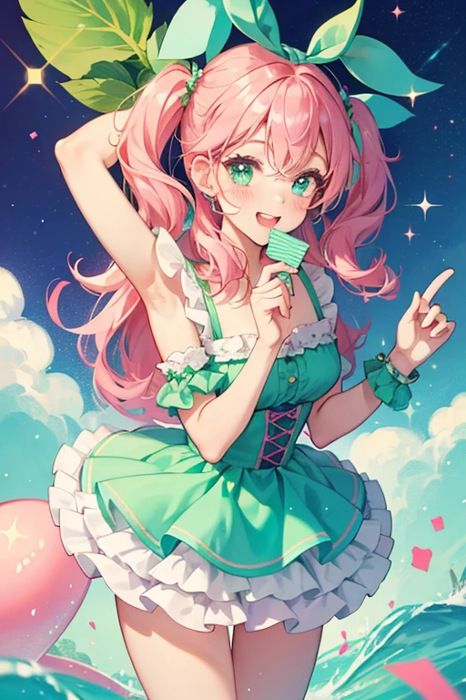 Minty Crisp is a vibrant mint wafer GIRL bear with a winking, excited expression and pale pink blushed cheeks. She has four fuchsia sprinkles and a chocolate bow on both ears. SPARKLE; GLITTER