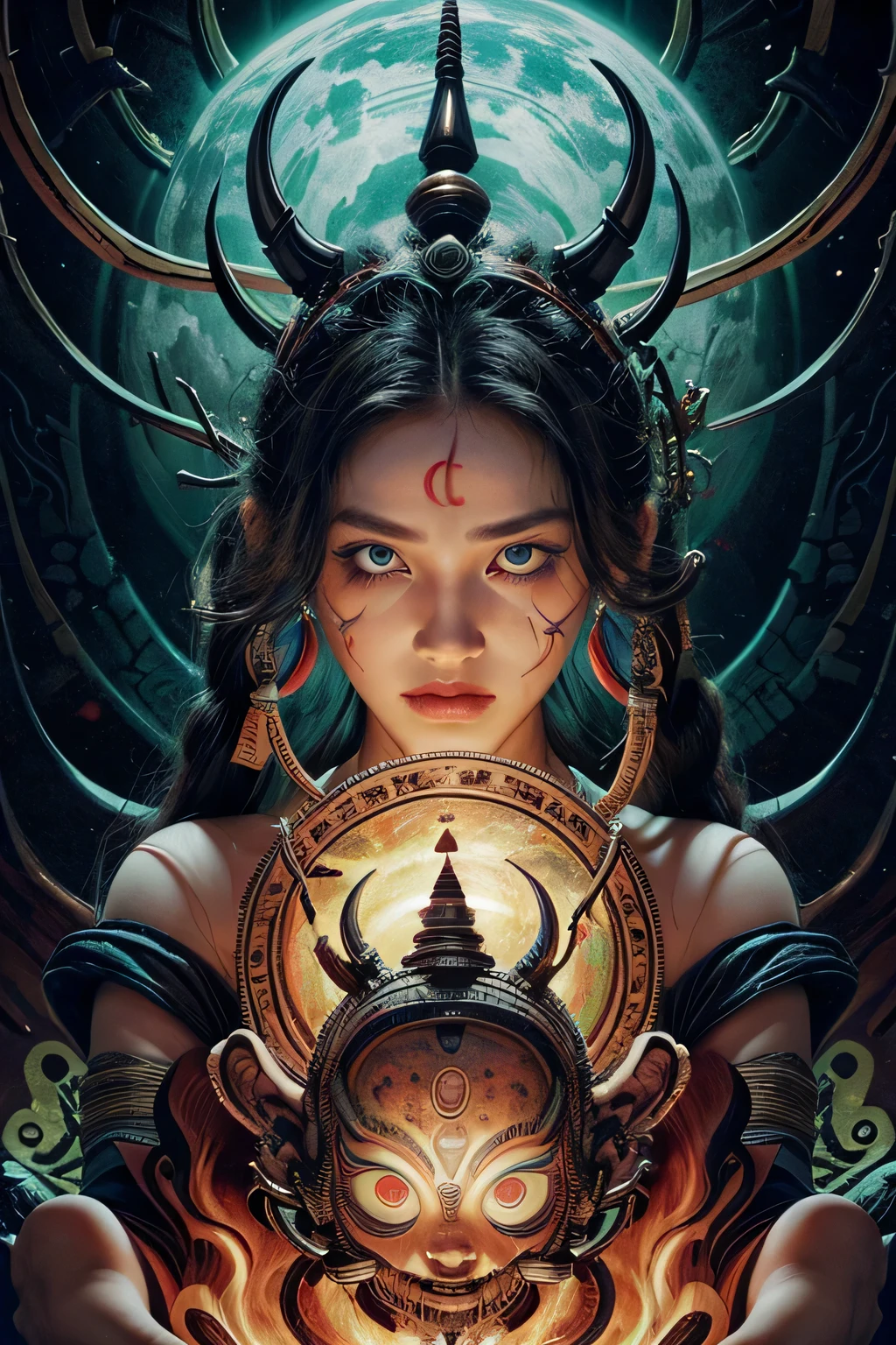 Simbolo da supremacia maya explosive, supernatural painting of a shape-shifting deity, adorned with chaotic and omnipresent Mayan motifs, piercing eyes, a breathtaking amalgam of art and captivating photo collage, Mesmerizing poster design:: woody tone:: its appearance exuded the enigmatic allure of ancient Mayan minimalism fused with cosmic chaos:: --ar 9:16 --s 963 --c 9 --q 2 --v 5