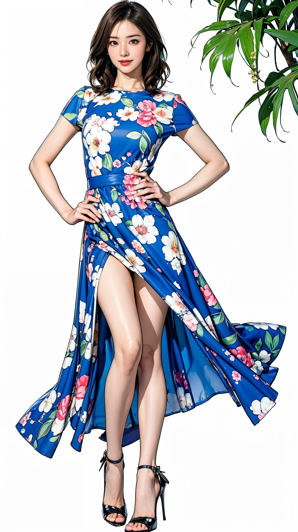 ((masterpiece)),(((Highest quality))),Character design sheet:1.5,Long legs,Slender figure:1.5,whole body:1.5,(One Girl:1.3),(Viewer Display:1.4),The best smile:1.5,(Pointy high heels:1.3),(Stand with legs apart:1.2),(Wearing a floral and plant print mini dress:1.2), Curly Hair:1.5,High waist:1.5,