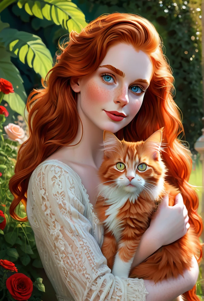 red-haired girl [Elizabeth II:Maude Adams:0.45] with a full sized  red mainecoon cat, (best quality, masterpieces, ultra-detailed), beautiful detailed eyes, beautiful detailed lips, longeyelashes, vibrant colors, illustrative style, oil painting texture, flowing red hair, cozy garden background, soft sunlight, lively expression, joyful interaction with the cat, dynamic pose, realistic rendering.