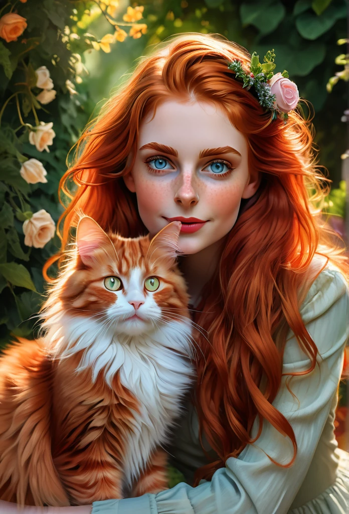 red-haired girl [Elizabeth II:Maude Adams:0.45] with a full sized  red mainecoon cat, (best quality, masterpieces, ultra-detailed), beautiful detailed eyes, beautiful detailed lips, longeyelashes, vibrant colors, illustrative style, oil painting texture, flowing red hair, cozy garden background, soft sunlight, lively expression, joyful interaction with the cat, dynamic pose, realistic rendering.