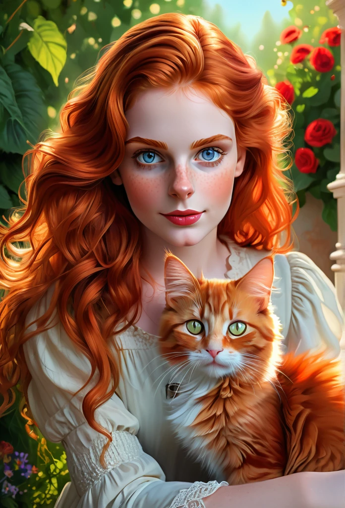 red-haired girl [Elizabeth II:Maude Adams:0.45] with a full sized  red mainecoon cat, (best quality, masterpieces, ultra-detailed), beautiful detailed eyes, beautiful detailed lips, longeyelashes, vibrant colors, illustrative style, oil painting texture, flowing red hair, cozy garden background, soft sunlight, lively expression, joyful interaction with the cat, dynamic pose, realistic rendering.