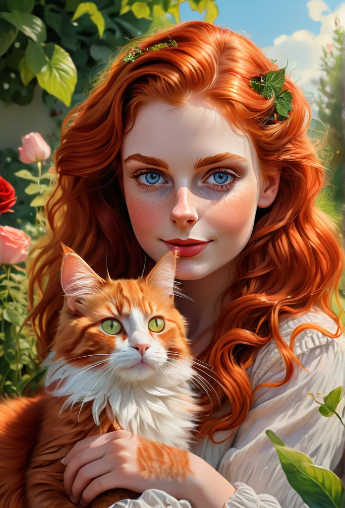 red-haired girl [Elizabeth II:Maude Adams:0.45] with a full sized  red mainecoon cat, (best quality, masterpieces, ultra-detailed), beautiful detailed eyes, beautiful detailed lips, longeyelashes, vibrant colors, illustrative style, oil painting texture, flowing red hair, cozy garden background, soft sunlight, lively expression, joyful interaction with the cat, dynamic pose, realistic rendering.
