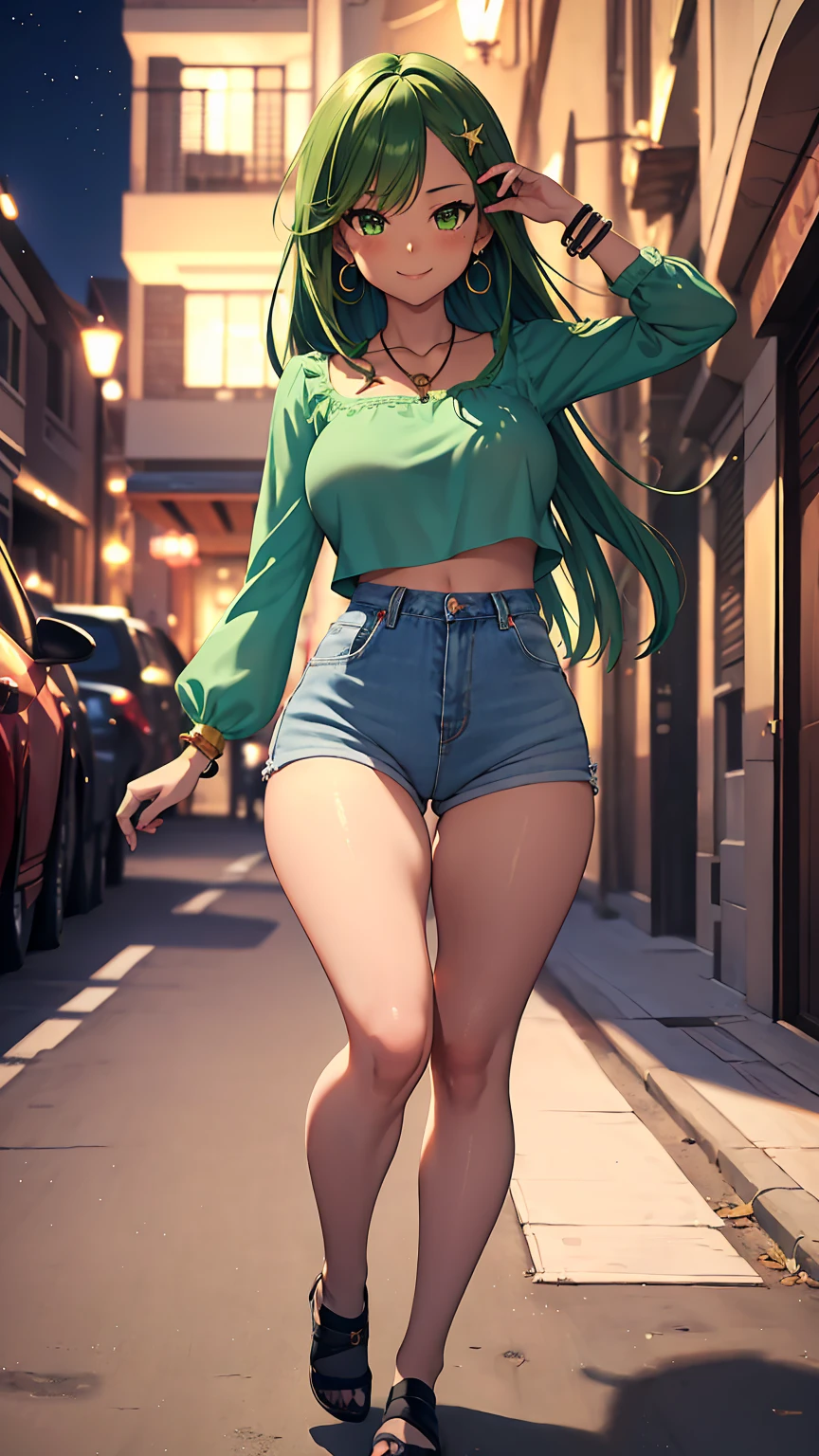 1girl, anime girl, anime, (dark skin), stylish girl, bracelet, necklace, earrings, 2d girl, 18y, (fullbody), standing, anime girl, seductive smile, (green hair), flowing hair, hair flowing in the wind, ((blue blouse)), Solo, Slim, Big Breasts, Tight Shorts, low waist shorts, upshorts, outdoors, night background, flowers, looking at viewer, darker shadows, (((Wedgie))), (((????????))), (((????????))), (((shorts))), (((absurdres))), (((thigh gap))), (((cameltoe))), (((cleft of venus))), (((lowleg shorts))), (((innie pussy))), (((inniepussy))), (((innie_pussy)))