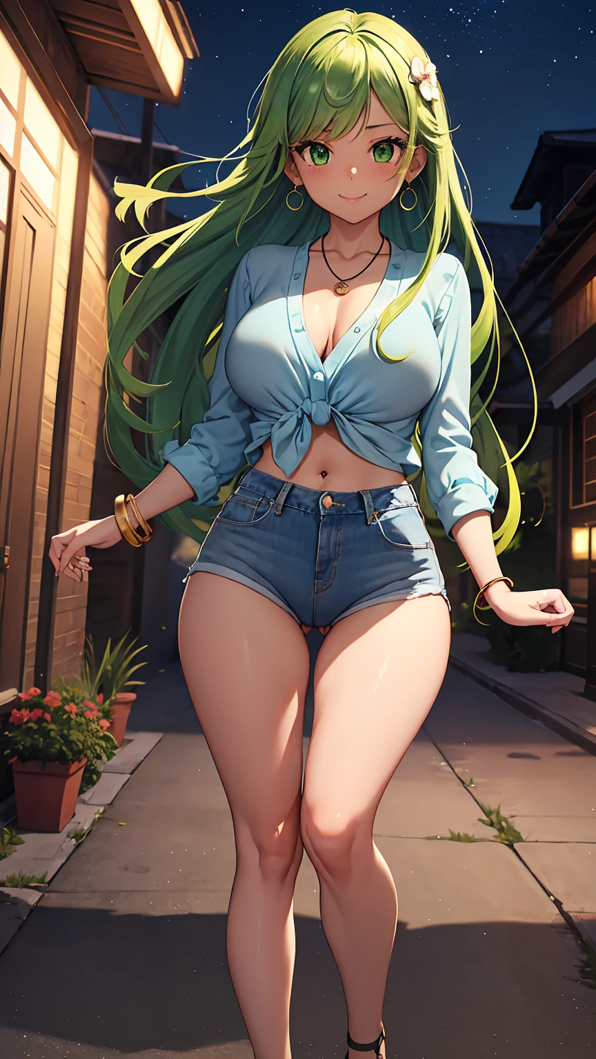 1girl, anime girl, anime, (dark skin), stylish girl, bracelet, necklace, earrings, 2d girl, 18y, (fullbody), standing, anime girl, seductive smile, (green hair), flowing hair, hair flowing in the wind, ((blue blouse)), Solo, Slim, Big Breasts, Tight Shorts, low waist shorts, upshorts, outdoors, night background, flowers, looking at viewer, darker shadows, (((Wedgie))), (((explicit))), (((explicit))), (((shorts))), (((absurdres))), (((thigh gap))), (((cameltoe))), (((cleft of venus))), (((lowleg shorts))), (((innie pussy))), (((inniepussy))), (((innie_pussy)))