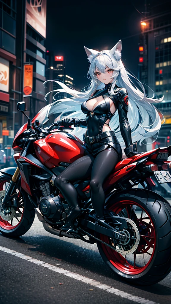 best quality, masterpiece, Ultra-high resolution, future technology, (Photo real scene: 1.4), fair_Face, Twenty-five-year-old oriental fox woman, Bright Eyes, Cleavage, Silver long hair above the waist, Wear tights, Sitting on a heavy motorcycle, on the way, future urban roads, night