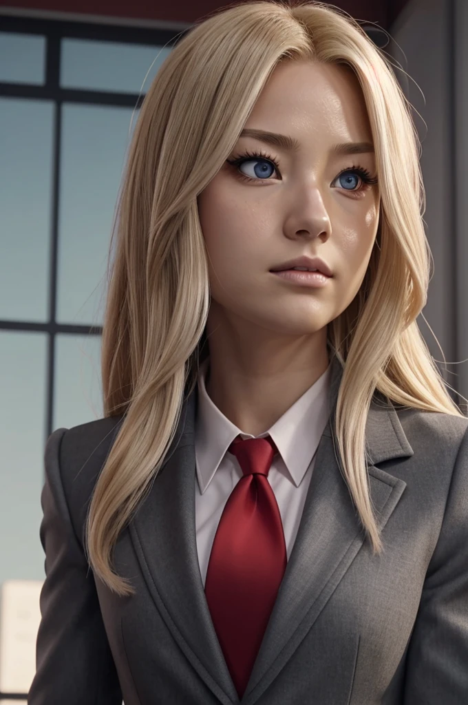 Boku no hero academia screenshot , beautiful woman ,blond hair ,straight and wavy hair ,slanted eyes ,crimson eyes , circular lenses , nose turned up ,uniform gray coat red tie ,looking at the camera from below,low angle ,Profile