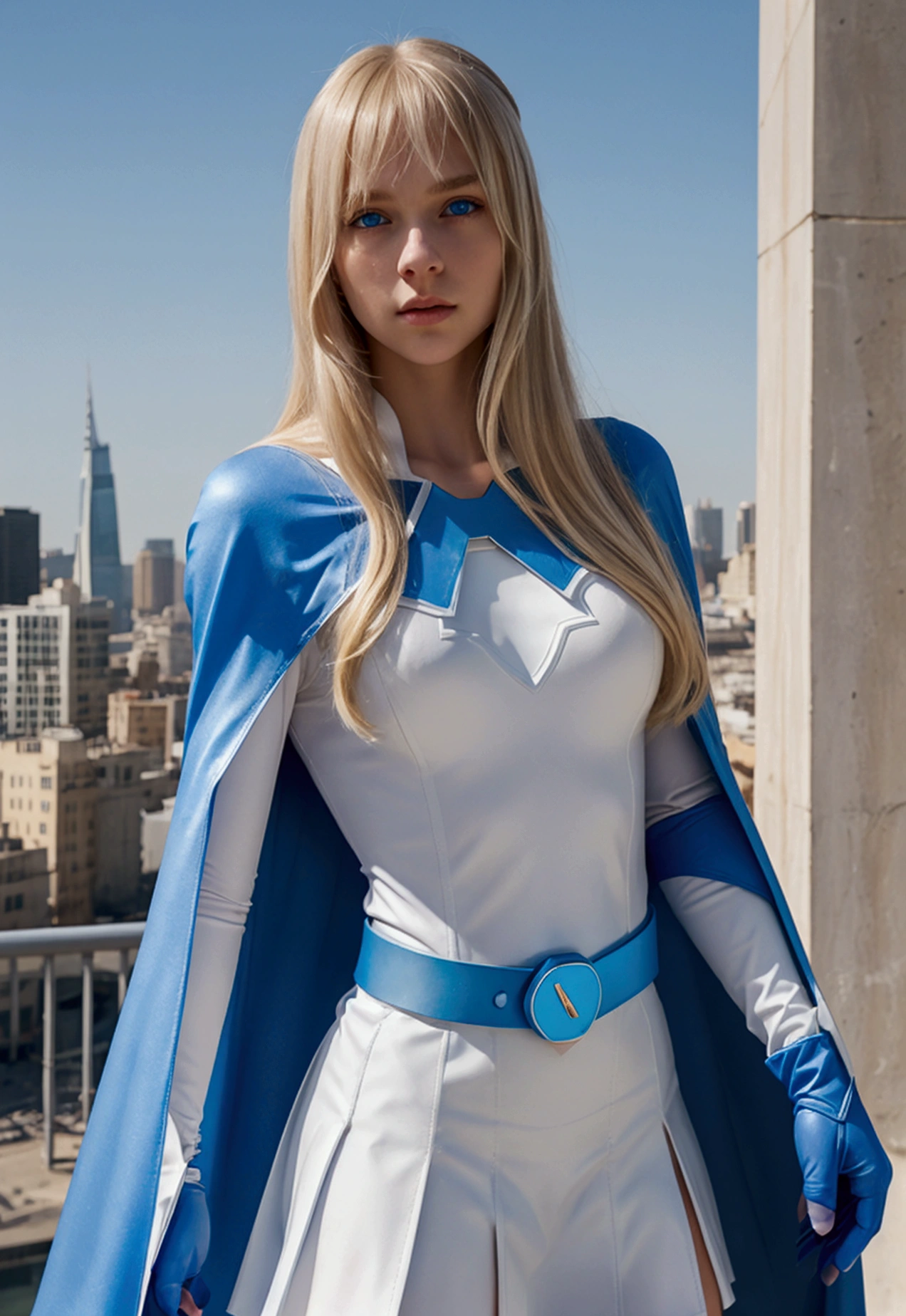 young girl with long straight blonde hair with a bang, blue eyes, white superhero costume, blue gloves, light blue cape and skirt, long sleeves, light blue belt, city background
