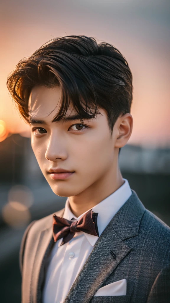 Highest quality, masterpiece, Ultra-high resolution, (Realistic: 1.4), Original photo, wallpaper, Head Photo, skin, Simple Background, iris, detailed, Selfie, 1 boy, 18-year-old, good looking, Wind,sunset、suit