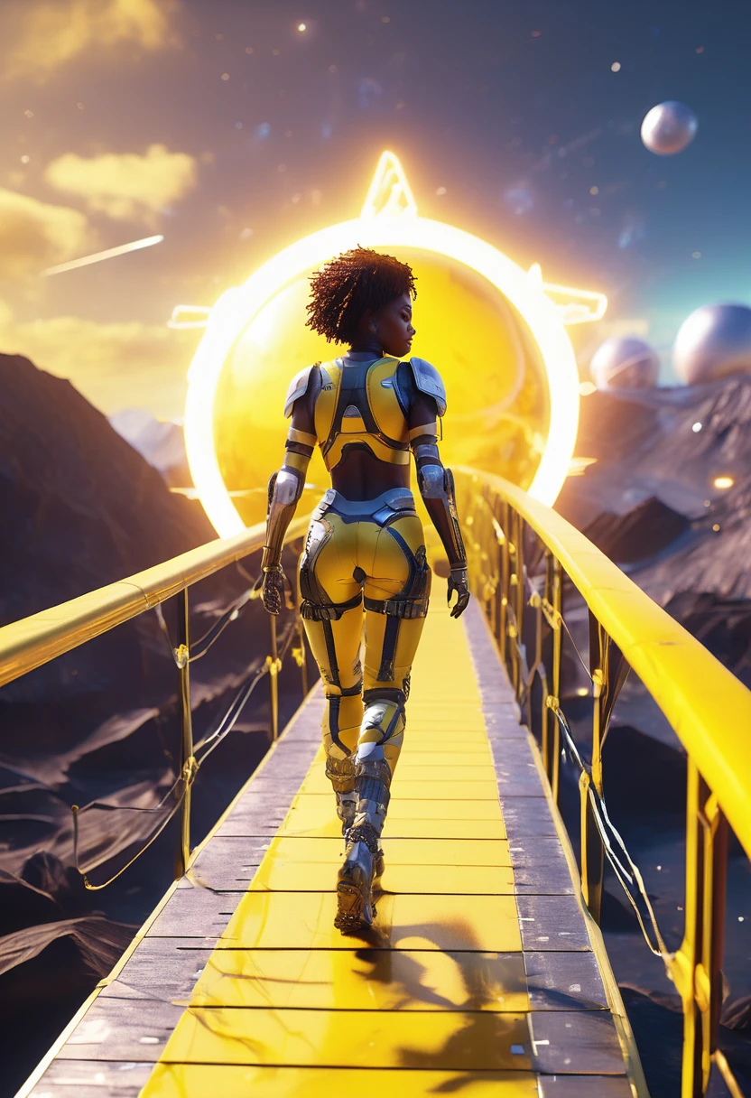 Black woman walking on a floating yellow wooden bridge in outer space, spherical portal in background connecting to the bridge, (((yellow sunshine in sky shining a light   providing a beautiful and vibrant glowing cinematic scene))), ultra HD, hyper-realistic images, 32k, masterpiece, (((trending on artstation))), octane 3d rendering, unreal engine rendered. Capture the imagery to give the viewer a breathtaking essence. Cinematic film still, shot on v-raptor XL, film grain, vignette, color graded, post-processed, cinematic lighting, 35mm film, live-action, best quality, atmospheric, a masterpiece, epic, stunning, dramatic