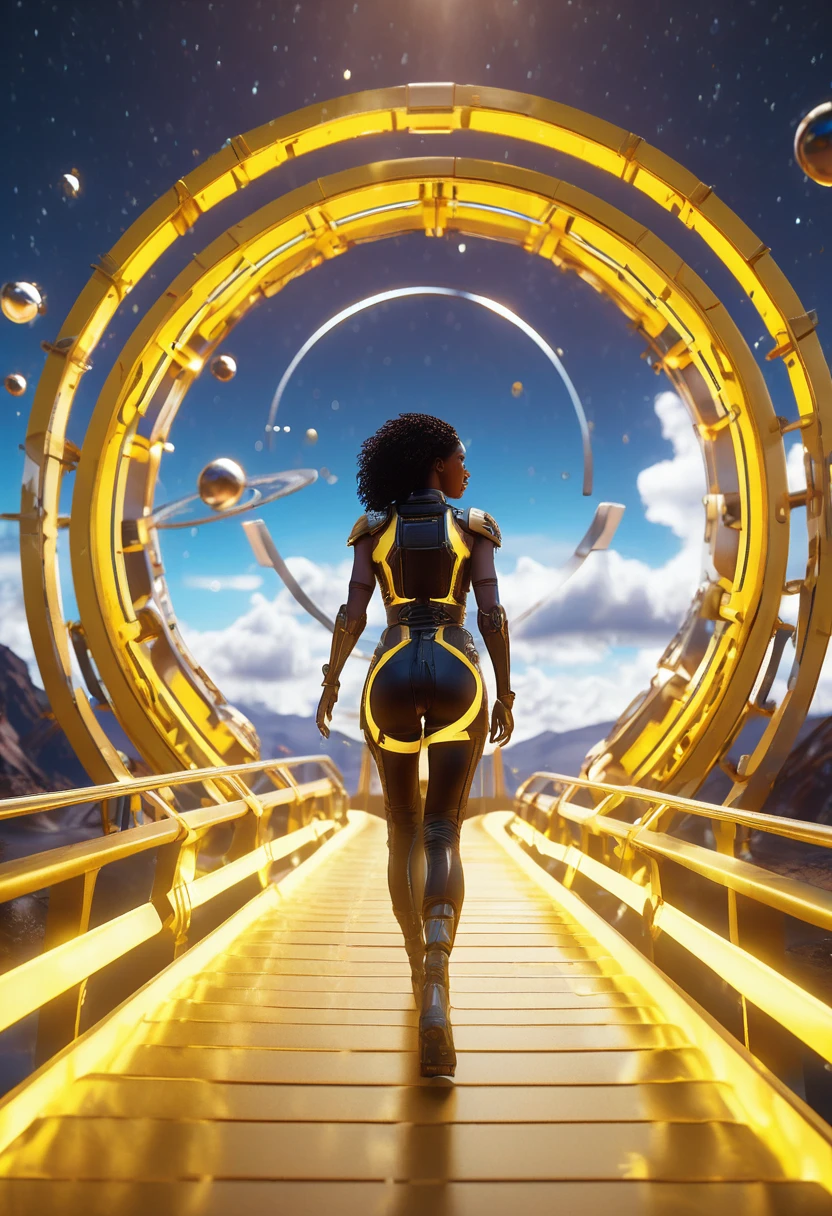 Black woman walking on a floating yellow wooden bridge in outer space, spherical portal in background connecting to the bridge, (((yellow sunshine in sky shining a light providing a beautiful and vibrant glowing cinematic scene))), ultra HD, hyper-realistic images, 32k, masterpiece, (((trending on artstation))), octane 3d rendering, unreal engine rendered. Capture the imagery to give the viewer a breathtaking essence. Cinematic film still, shot on v-raptor XL, film grain, vignette, color graded, post-processed, cinematic lighting, 35mm film, live-action, best quality, atmospheric, a masterpiece, epic, stunning, dramatic
