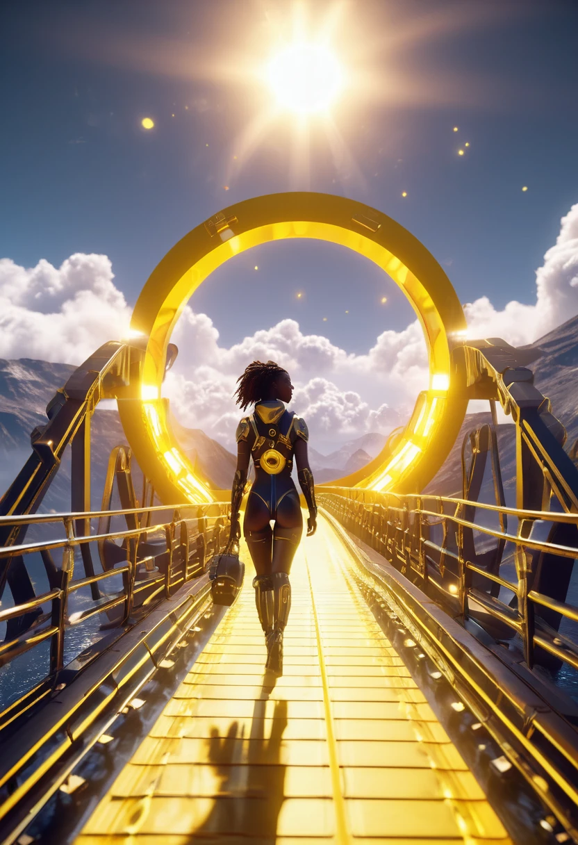 Black woman walking on a floating yellow wooden bridge in outer space, spherical portal in background connecting to the bridge, (((yellow sunshine in sky shining a light providing a beautiful and vibrant glowing cinematic scene))), ultra HD, hyper-realistic images, 32k, masterpiece, (((trending on artstation))), octane 3d rendering, unreal engine rendered. Capture the imagery to give the viewer a breathtaking essence. Cinematic film still, shot on v-raptor XL, film grain, vignette, color graded, post-processed, cinematic lighting, 35mm film, live-action, best quality, atmospheric, a masterpiece, epic, stunning, dramatic