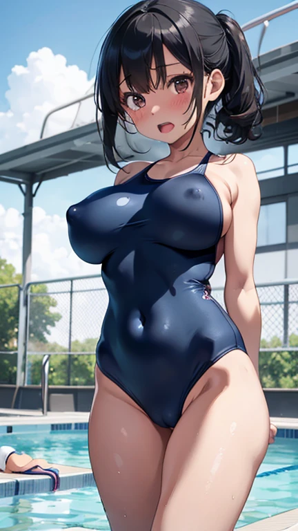 mastute piece,Best Quality,insanely detailed,8k cg,nsfw,
(shoot upper body:1.3),
(1girls:1.3),standing,looking at viewr,body in front,both arms behind back,(navy-blue-school-swimsuit:1.3),(bare breasts:1.2),(bare nipples:1.2),
break,
blush,shy,(ecstasy face),(trembling:1.2),break,(light black hair:1.3),
break,
perfect breasts,perfect teats,(open mouth:0.9),(large breasts:1.2),
(poolside),