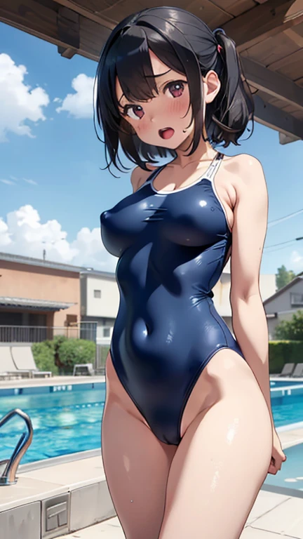 mastute piece,Best Quality,insanely detailed,8k cg,nsfw,
(shoot upper body:1.3),
(1girls:1.3),standing,looking at viewr,body in front,both arms behind back,(navy-blue-school-swimsuit:1.3),(bare breasts:1.2),(bare nipples:1.2),
break,
blush,shy,(ecstasy face),(trembling:1.2),break,(light black hair:1.3),
break,
perfect breasts,perfect teats,(open mouth:0.9),(large breasts:1.2),
(poolside),