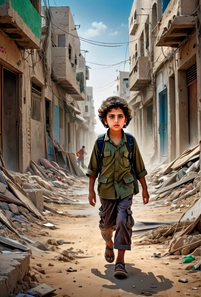 a powerful album cover, a childs of Gaza, war-torn Gaza, resilience and suffering, harsh realities, courage and determination, poignant imagery, muted color palette, struggle and hope, strength in adversity, inspire empathy, support for Gaza, (best quality,4k,8k,highres,masterpiece:1.2),ultra-detailed,(realistic,photorealistic,photo-realistic:1.37),HDR,UHD,studio lighting,ultra-fine painting,sharp focus,physically-based rendering,extreme detail description,professional,vivid colors,illustration,concept art. Cover album music styles,
