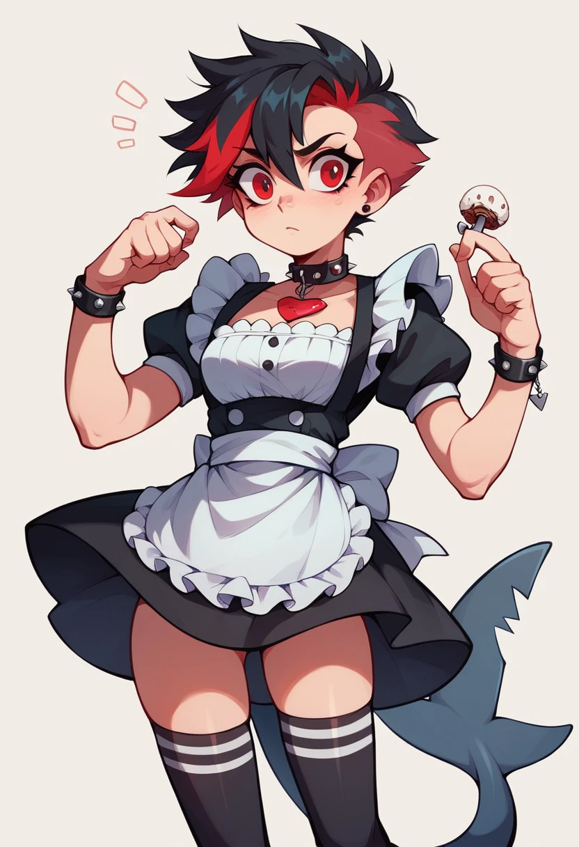 Maid, short black hair with red highlights, spiky bracelets, spiky collar, black shark tail, thigh highs, holding lolipop, red eyes, curious expression