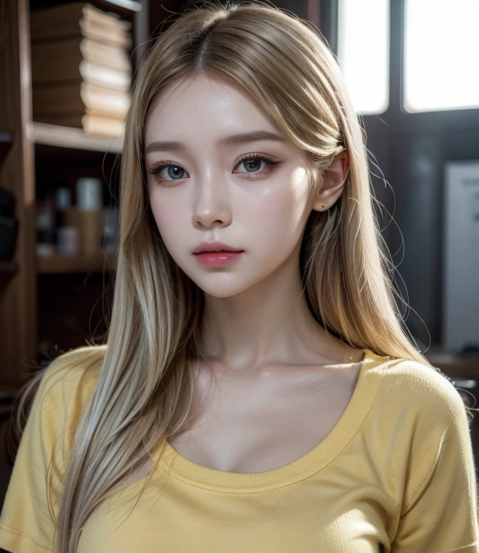 Woman, make up face, beautiful face, yellow shirt and Blue short pant, realistic, high detailed, ultra realistic, long hair, white hair, (16k)