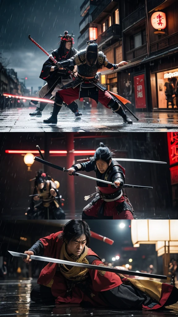 A Japanese samurai and a foreign samurai are fighting, the place is Paris, both are using swords, the weather is rainy, and both have a grim look on their faces.