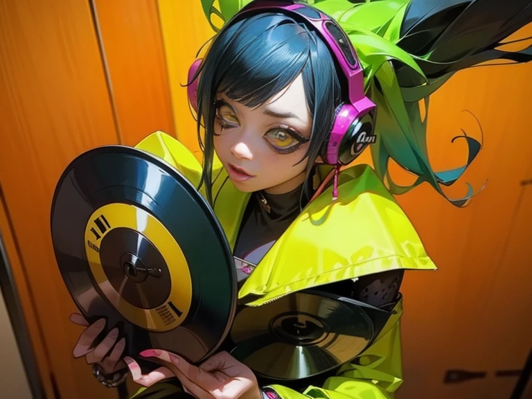 ((18-year-old punk girl)),((Green and yellow British punk fashion:1.5)),(light black hair:1.5、Messy permed hair)Studded clothing、((Holding a record:1.5))、((He has a big speaker on his back))、（Narrow and small eyes）,Wacky makeup、Breast augmentation, (masterpiece), (High resolution), (Very delicate), nightmare, Doll-like face, Manga style, Horror elements, Comic style illustration, Japanese painting, phantom, (Spooky), Japan sculpture, crazy illustration, antique, Dark atmosphere, Flat Illustration,Spookyな外観, Unique atmosphere、music、live house、Headphones
