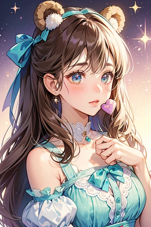 A split-cookie Num with chocolate chips and kisses covering her, along with a lavender candy bow. Her right is mint and the left is chocolate. She has no mouth, bear ears and blushed cheeks. SPARKLE; GLITTER
