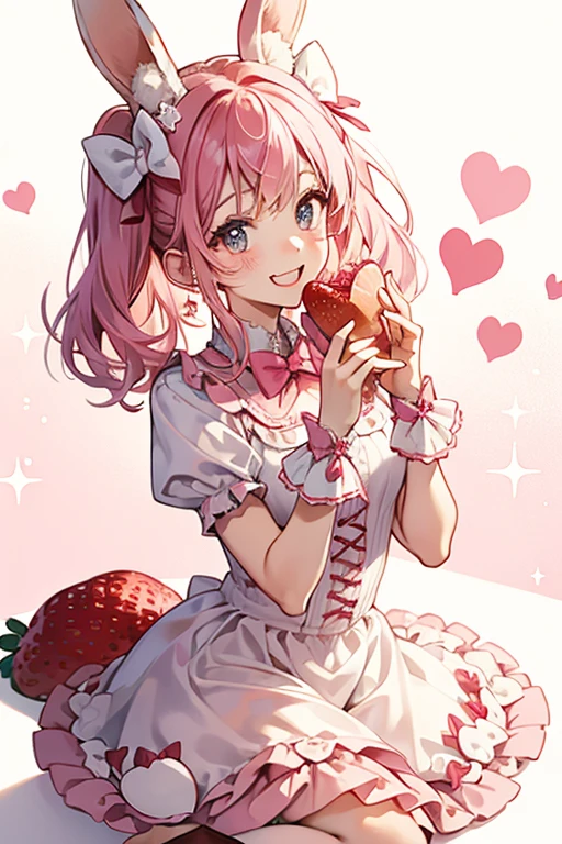 Strawberry Chip is a pink cookie GIRL bunny Num with a excited expression. She has white chocolate hearts all over her. Her ears are adorned with a chocolate-colored bow. SPARKLE; GLITTER
