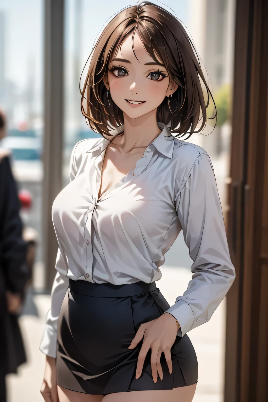 (masterpiece:1.2, Highest quality), (Realistic, photoRealistic:1.4), Beautiful illustrations, (Natural Side Lighting, Cinema Lighting), 
View your audience, Cowboy Shot, Front view, 1 girl, middle aged, Perfect Face, Beautiful symmetrical face, (Sunburn, Sunburn跡), 
(Bob Hair), (Missile Chest:0.6, Captivating thighs, Big Ass), Earrings, 
Beautiful Hair, Beautiful Face, Beautiful attention to detail, Beautiful clavicle, Beautiful body, Beautiful breasts, Beautiful thighs, Beautiful legs, Beautiful fingers, 
((White collared shirt with long sleeves, Navy Mini Skirt)), 
(Beautiful views), evening, River side, walk, (Charming smile, Upward glance), 