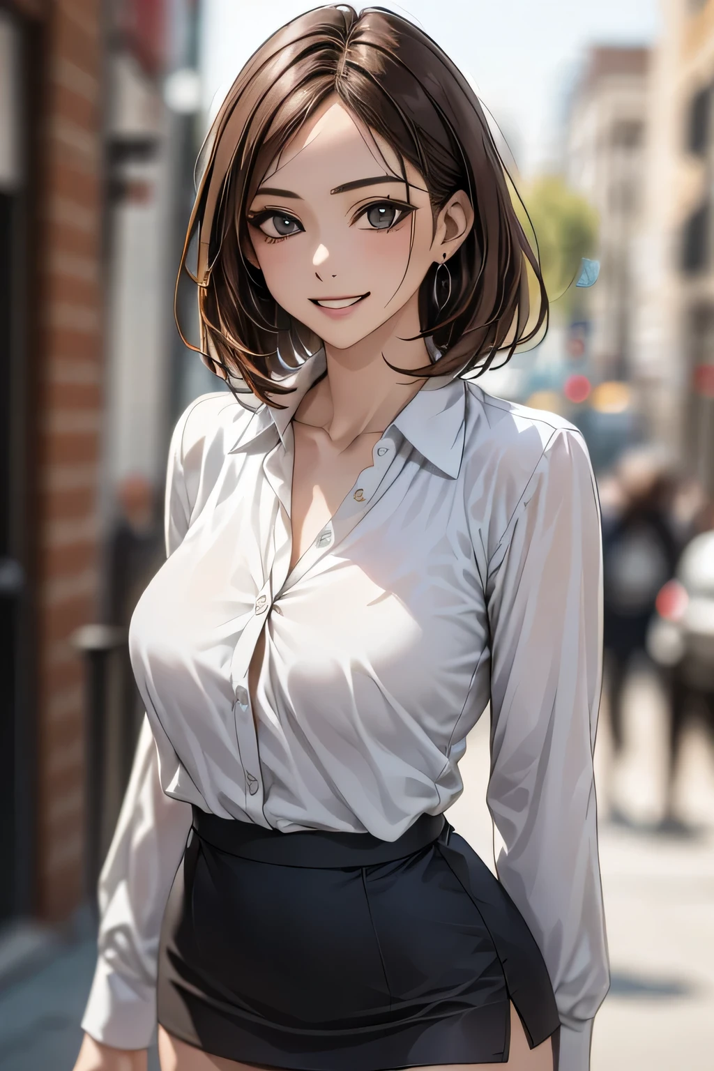(masterpiece:1.2, Highest quality), (Realistic, photoRealistic:1.4), Beautiful illustrations, (Natural Side Lighting, Cinema Lighting),
View your viewers, Cowboy Shot, Front view, 1 girl, Middle age, Perfect Face, Beautiful symmetrical face, (Sunburn, Sunburn跡),
(Bob Hair), (Missile Chest:0.6, Captivating thighs, Big Ass), Earrings,
Beautiful Hair, Beautiful Face, Beautiful attention to detail, Beautiful clavicle, Beautiful body, Beautiful breasts, Beautiful thighs, Beautiful feet, Beautiful fingers,
((White collared shirt with long sleeves, Navy Mini Skirt)),
(Beautiful views), evening, River side, walk, (A charming smile, Upward glance),