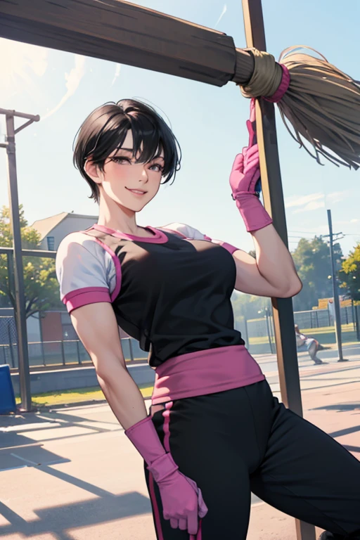 A muscular mature woman with short black hair and wearing a short-sleeved, long-pants gym uniform is cleaning the schoolyard with a broom while wearing large pink rubber gloves and smiling gently.