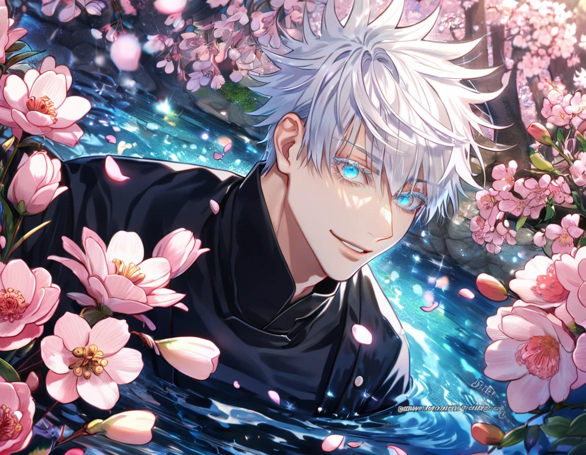 absurdres, highres, ultra detailed, HDR, master piece, Gojou Satoru, white hair with bangs, white eyelashes, expressive blue eyes, black clothes, Jujutsu Kaisen, sexy man, handsome, best quality, blossoms, pink petals, pink flowers, fantasy, magical, blue shining fireflies, solo, water, handsome smile, sensual