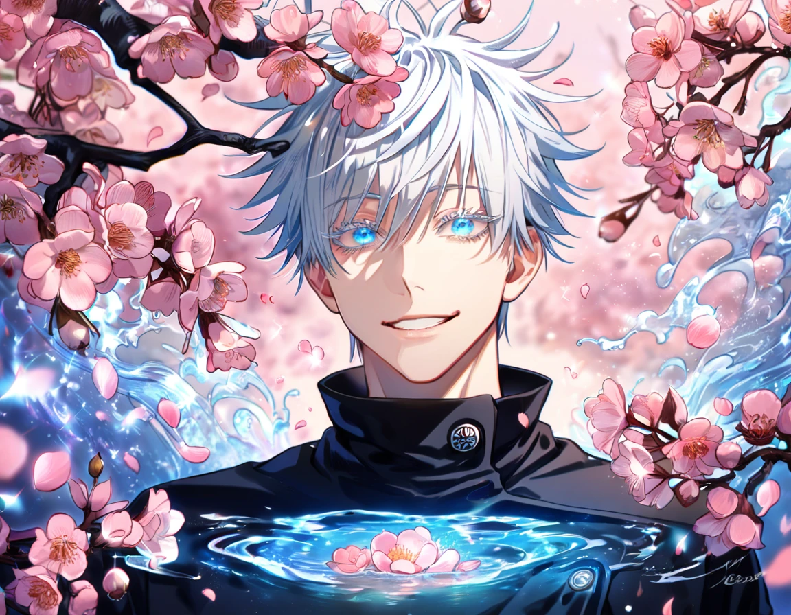 absurdres, highres, ultra detailed, HDR, master piece, Gojou Satoru, white hair with bangs, white eyelashes, expressive blue eyes, black clothes, Jujutsu Kaisen, sexy man, handsome, best quality, blossoms, pink petals, pink flowers, fantasy, magical, blue shining fireflies, solo, water, handsome smile, sensual